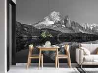 Black & White Landscape Mountain wallpaper mural as a feature wall in a home office workspace in black and white