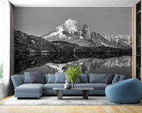 Black & White Landscape Mountain wallpaper mural as a bedroom feature wall behind the headboard in black and white
