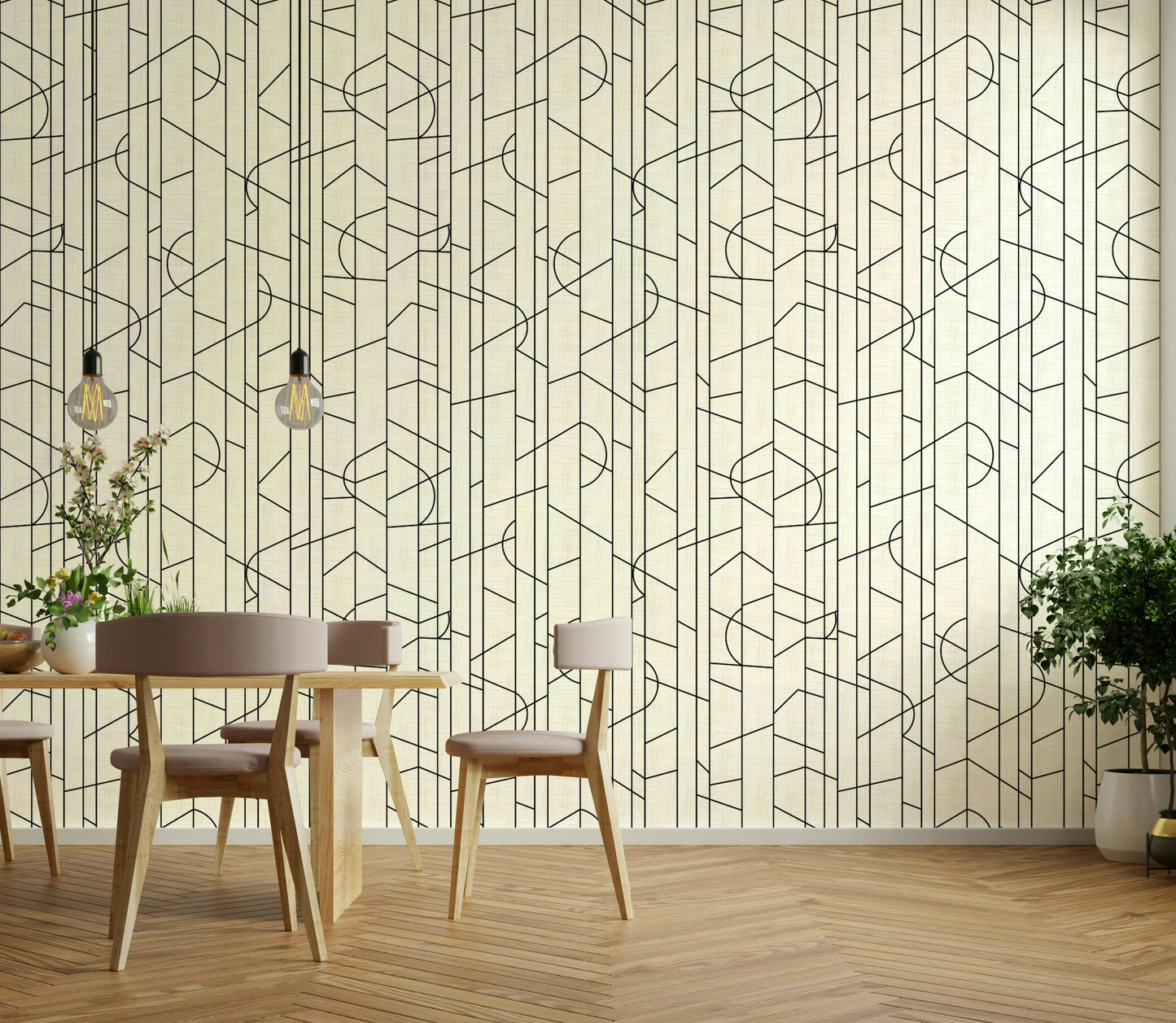 Minimalist room with geometric line wall mural

