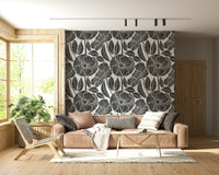 Intricate Poppy Floral Modern Block surface design, chic monochrome wallpaper.