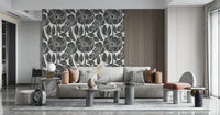 Rustic Black White Block Poppy vine wallpaper, detailed interior design element.