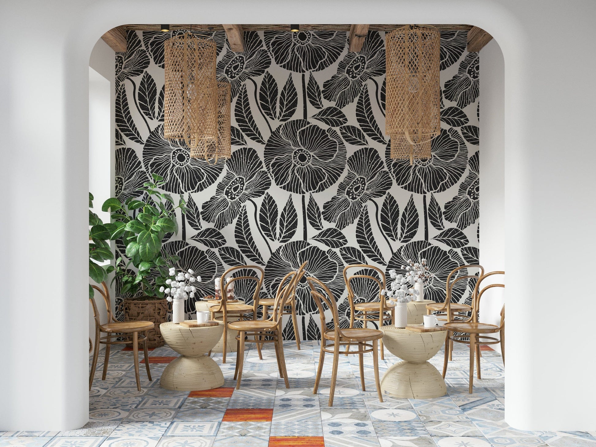 Grungy black-white bold Poppy Floral art, block style wall covering.