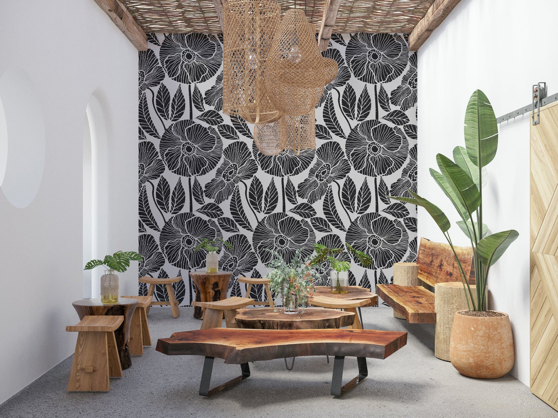 Monochrome Poppy Blossom distressed wallpaper, elegant contemporary mural.