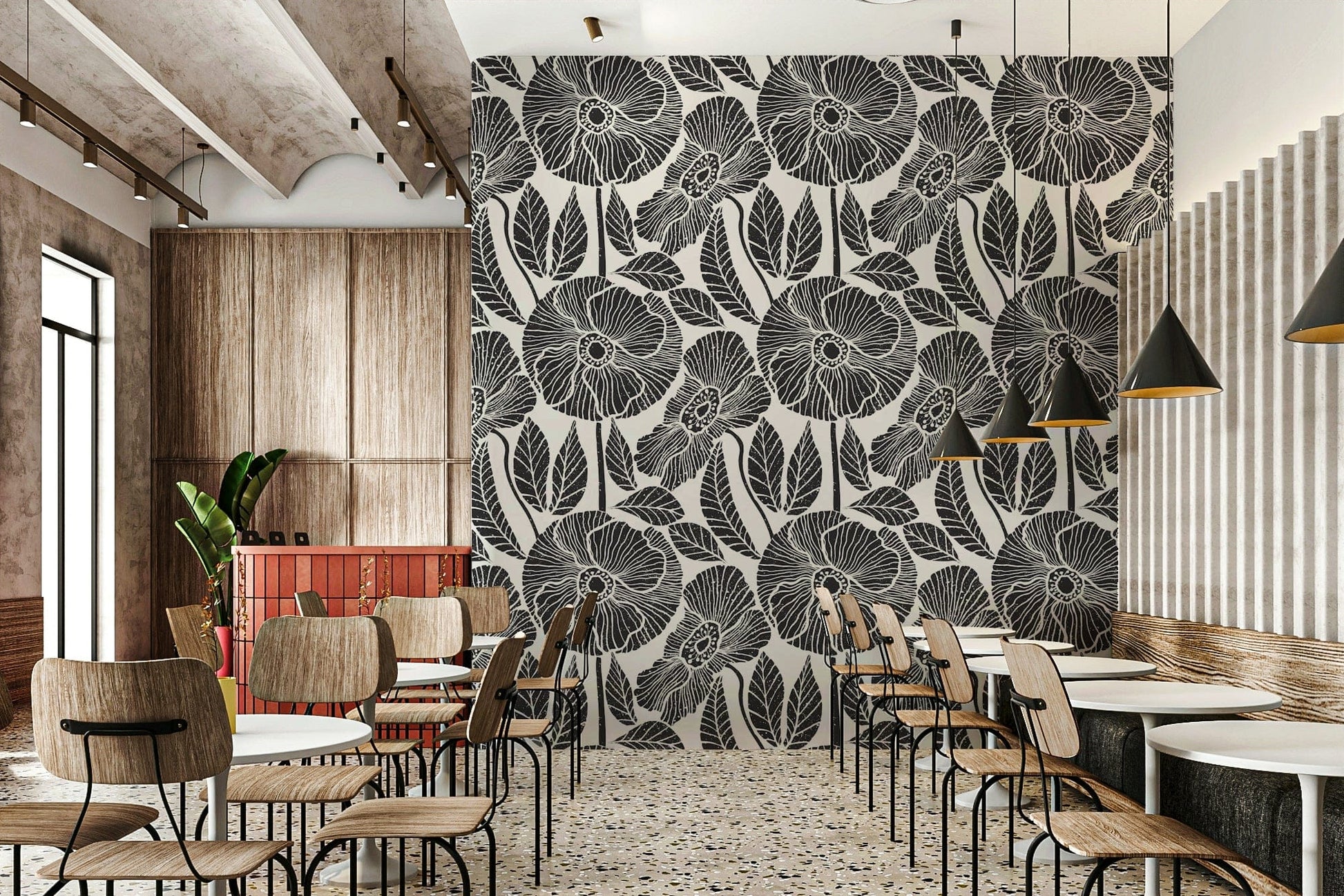 Stylish Black White Block Poppy floral illustration for your modern walls.