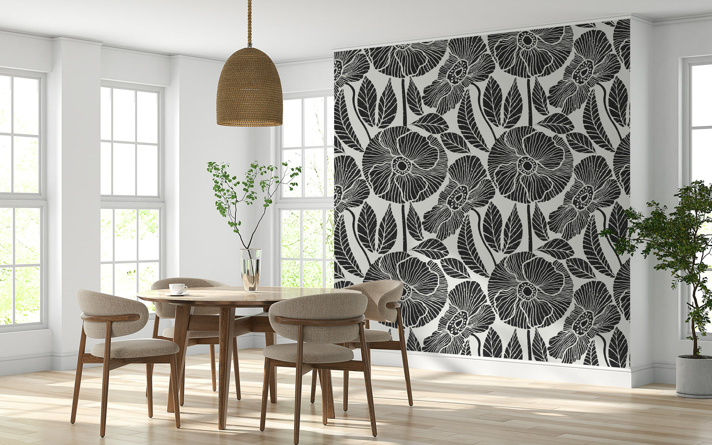 Dramatic Poppy pattern wall mural, black-white vintage floral aesthetic.