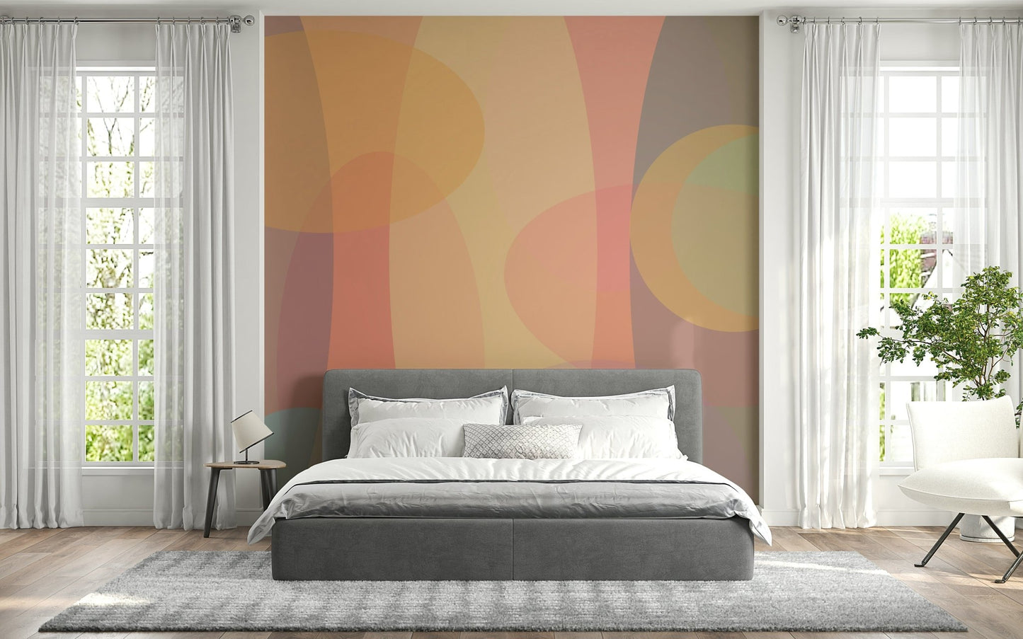 Soft, translucent geometric shapes merging together in a warm minimalist wallpaper style.