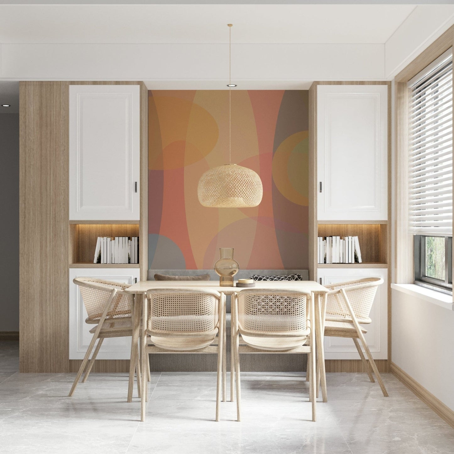 A modern pastel wallpaper featuring large, blended ellipse shapes in muted tones.
