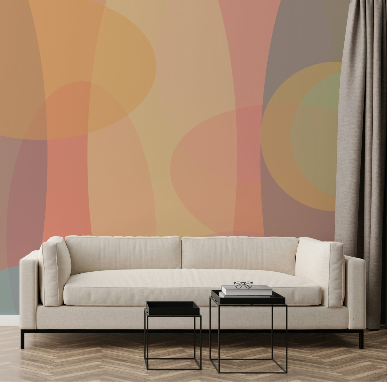 A soft abstract wallpaper featuring overlapping translucent ovals in warm pastel tones.