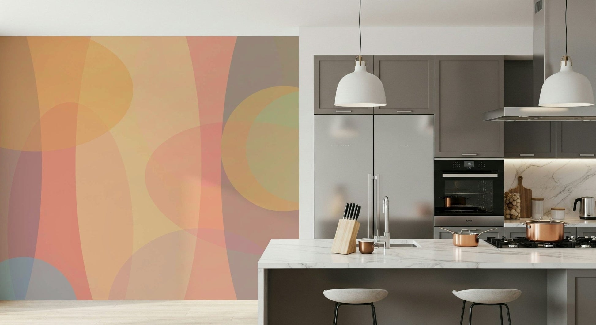 A dreamy pastel wallpaper with layered, semi-transparent shapes creating soft visual depth.
