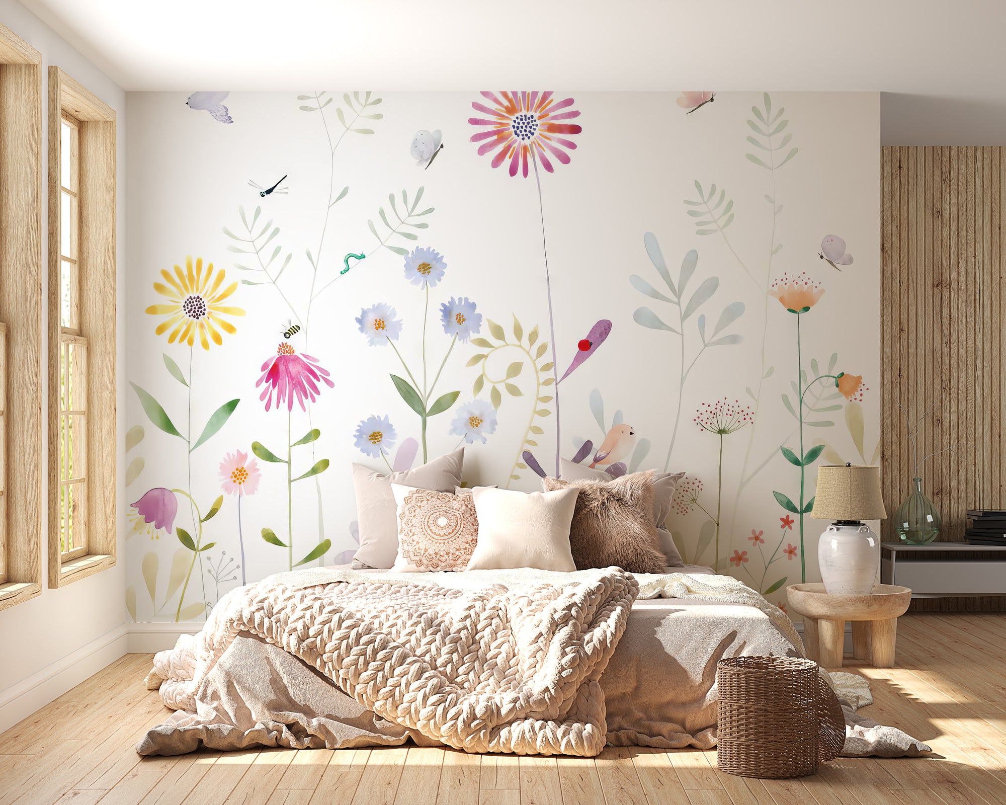 Bloom and Bird wallpaper mural of colorful watercolor wildflowers and birds above a chunky knit beige bed in a bedroom