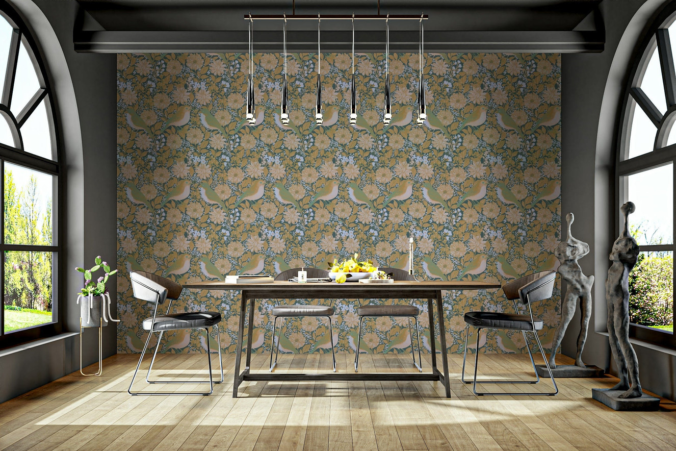 A beautiful floral and bird wallpaper mural for a modern home.

