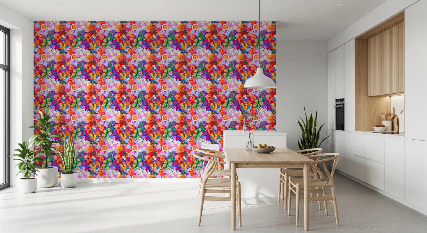 Modern Bloom Burst colour pop florals Wallpaper for stylish kitchen 