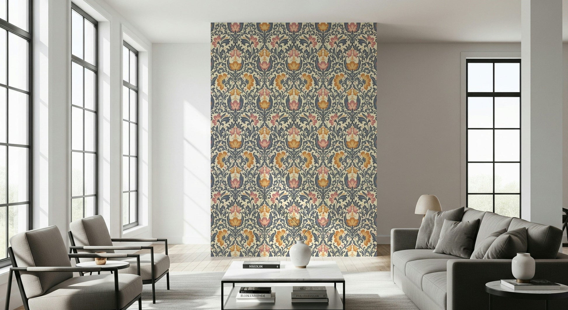 Artistic wall mural, bold Bloom Damask repeat, harmonious warm and cool tones.