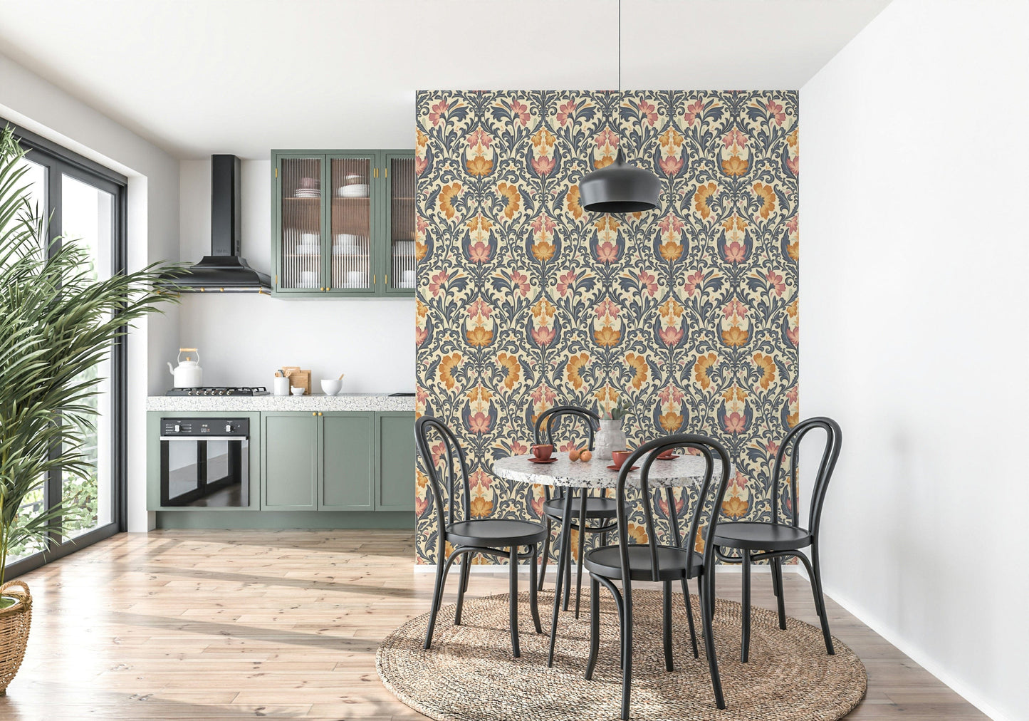 Stylish Bloom Damask design. Luxurious peach blossom and ochre flower pattern wallpaper.