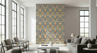 Artistic wall mural, bold Bloom Damask repeat, harmonious warm and cool tones.
