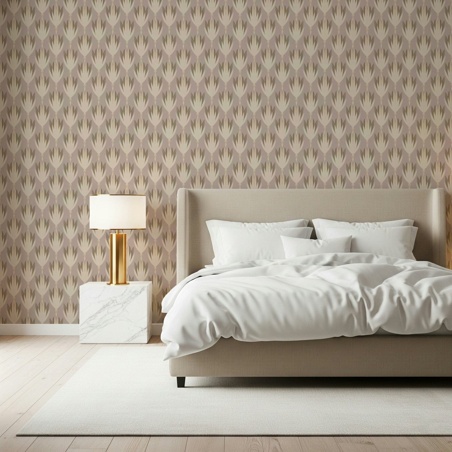 Repeating botanical wallpaper in beige and brown