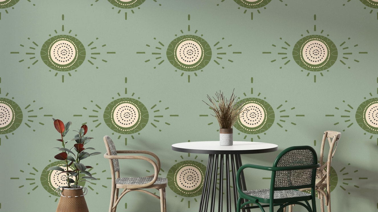 Bloom Light Sage Olive Wallpaper with geometric floral motifs

