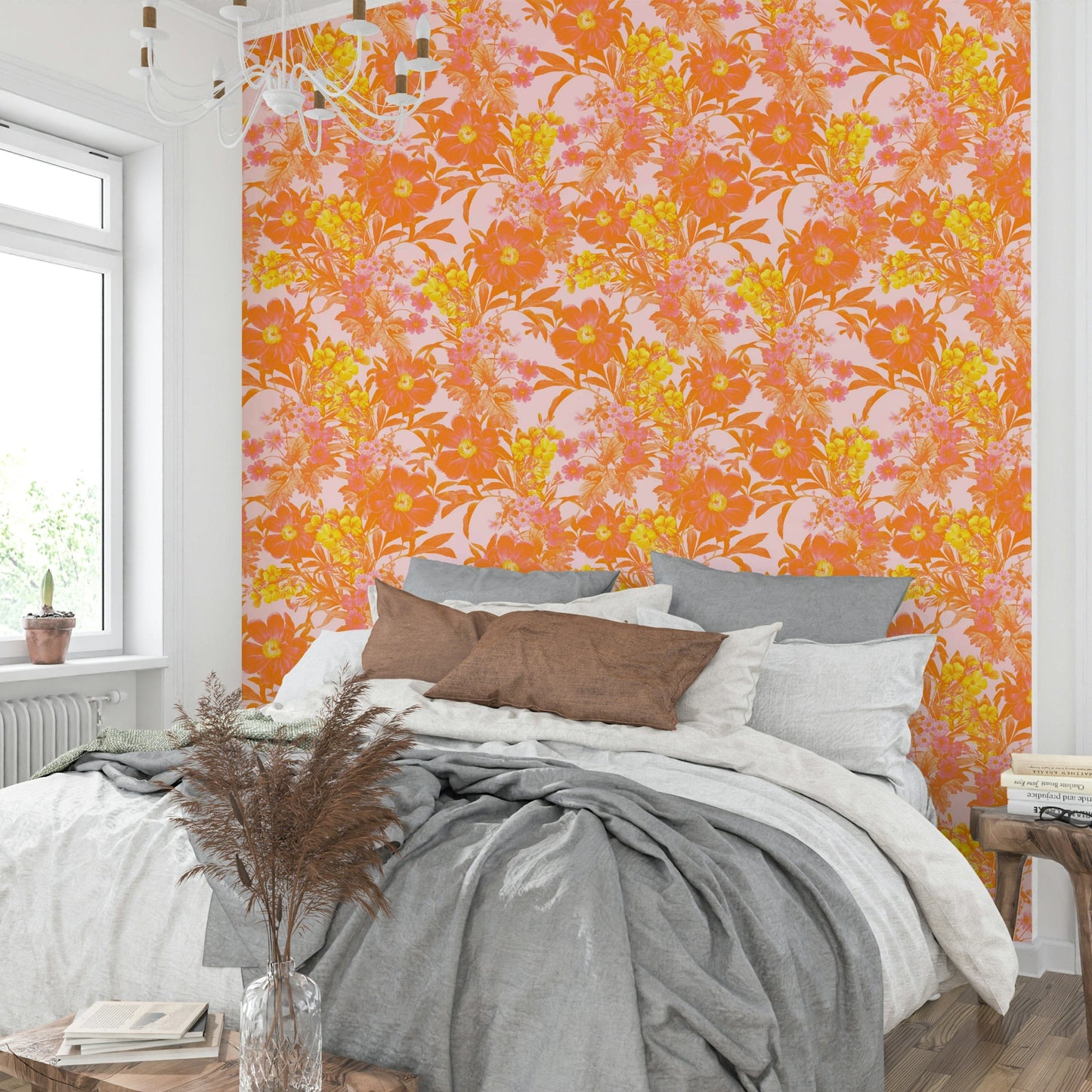 Large, soft shapes of color suggest blossoms and petals.
