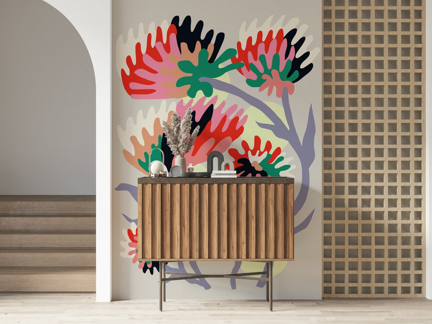 A beautiful subtle floral wallpaper mural with a delicate rebirth theme.