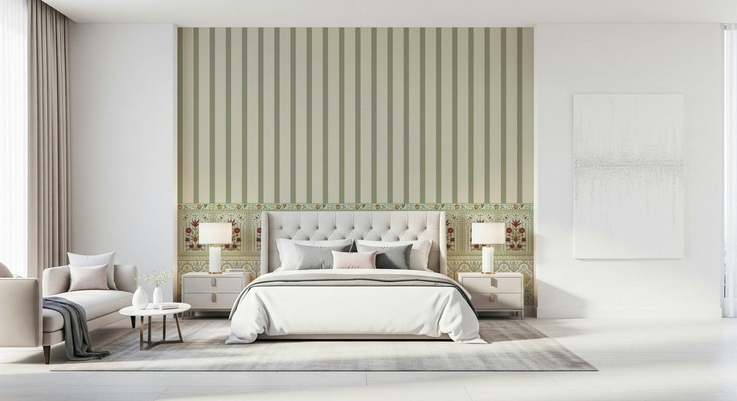 Floral wallpaper and striped wallpaper border mural detail