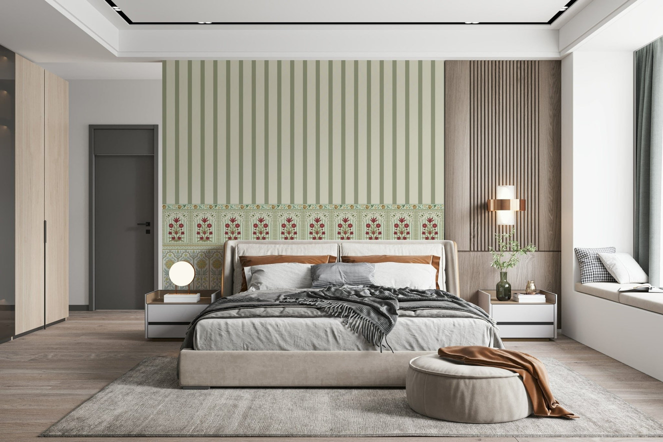 Bloom stripe border wall mural with soft floral wallpaper and green wallpaper tones