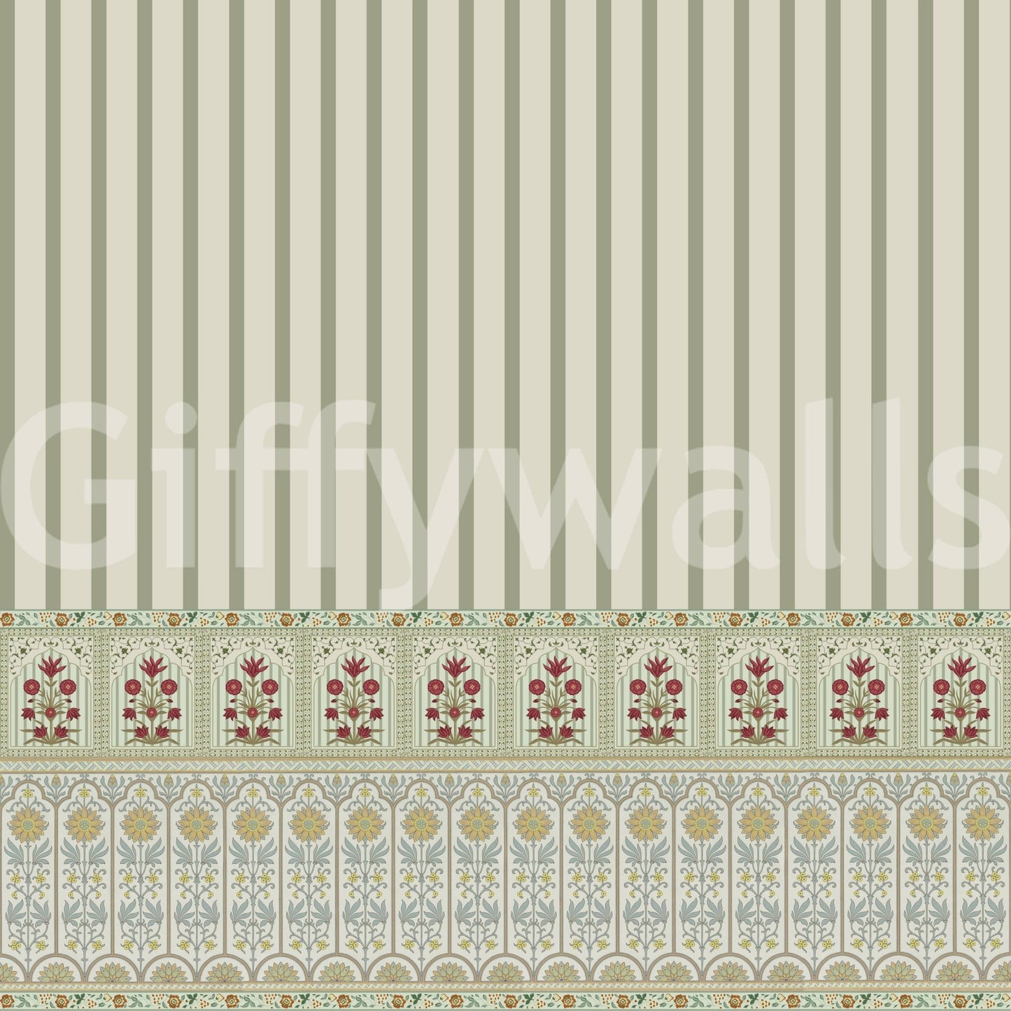 Green wallpaper mural featuring bloom stripe floral border