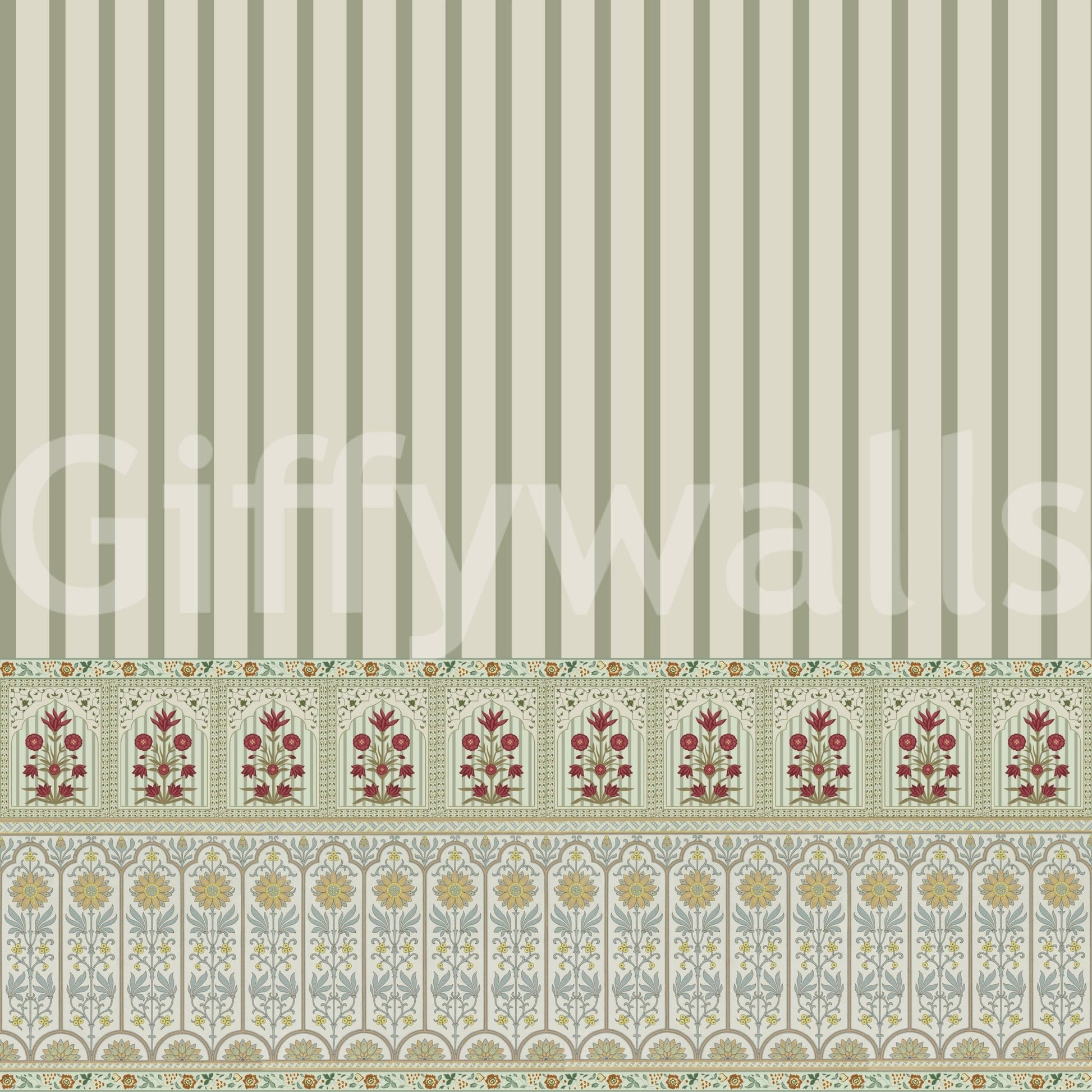 Green wallpaper mural featuring bloom stripe floral border