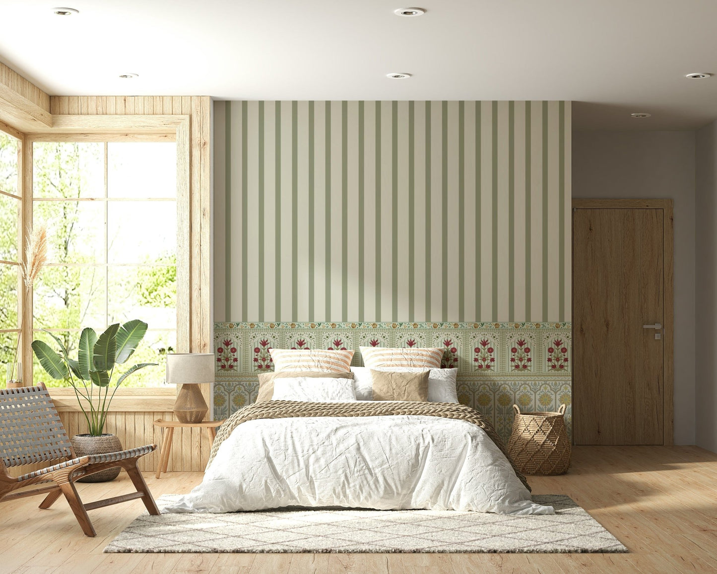 Striped wallpaper border design paired with floral wallpaper elements