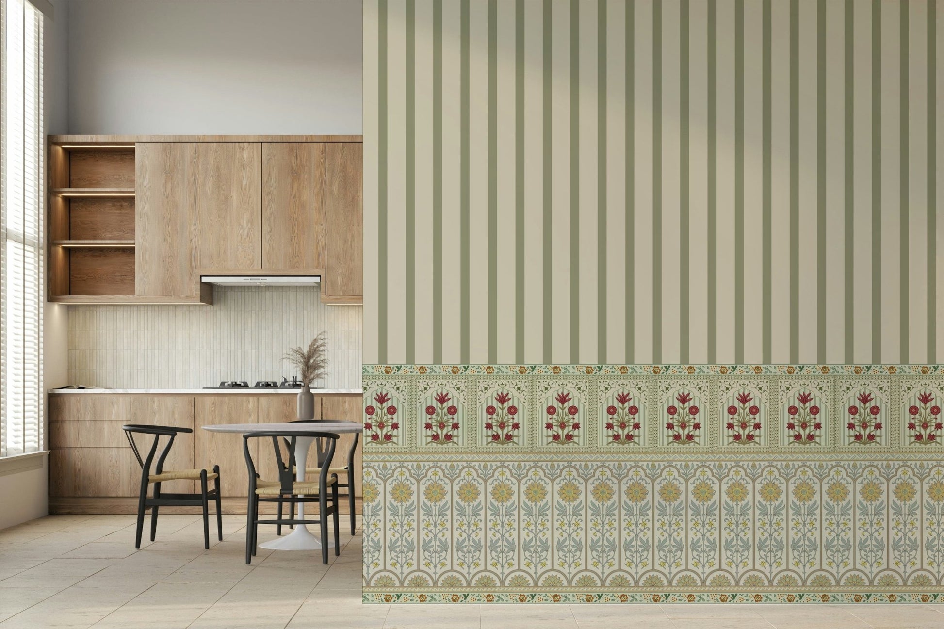 Green wallpaper mural with bloom stripe detailing for modern interiors
