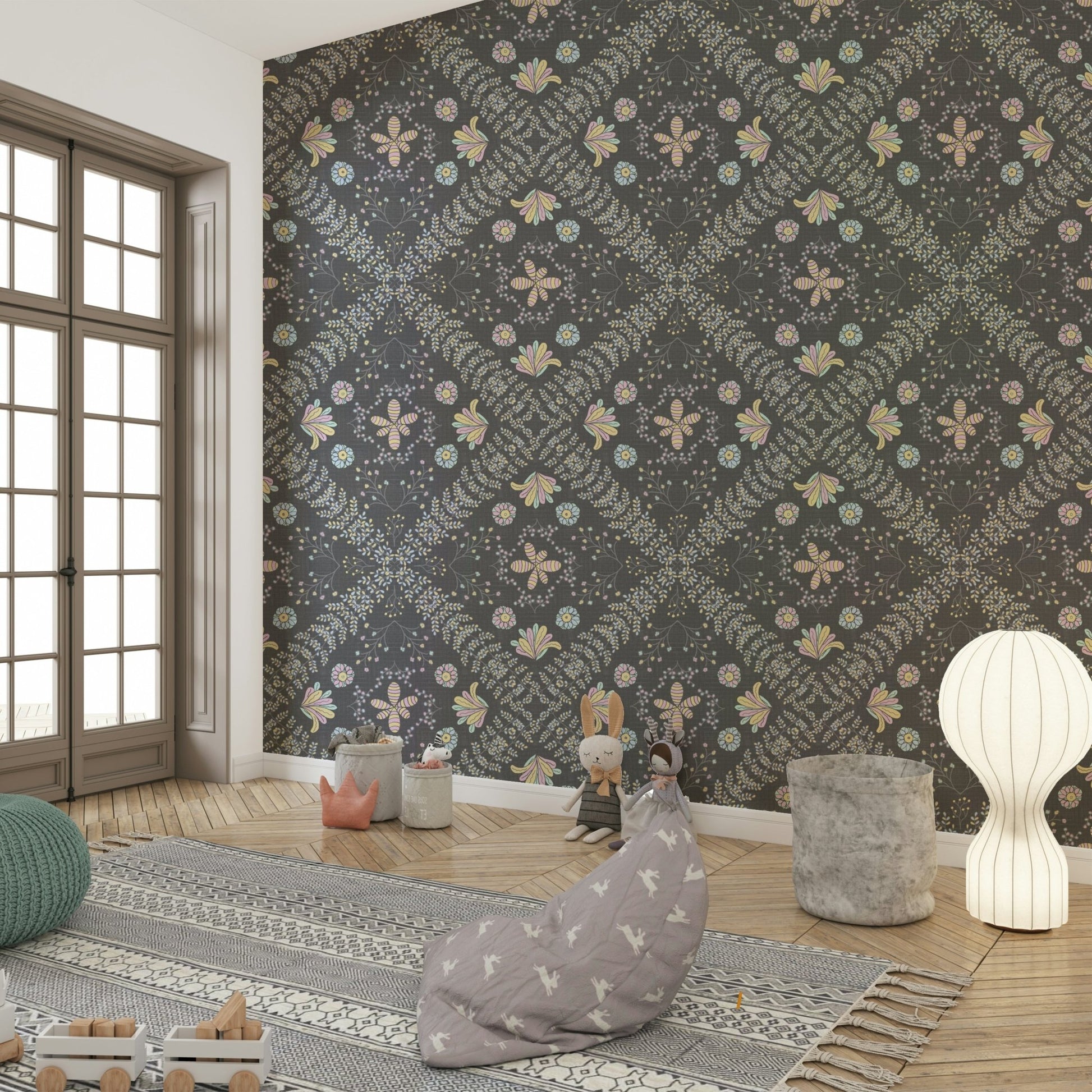 bloom tapestry gray wallpaper

