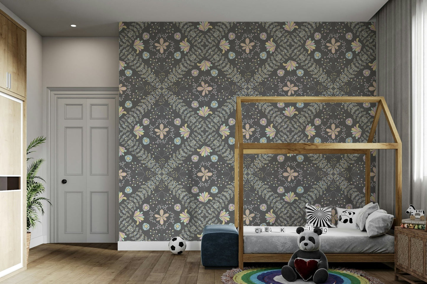 botanical motifs on a gray background

