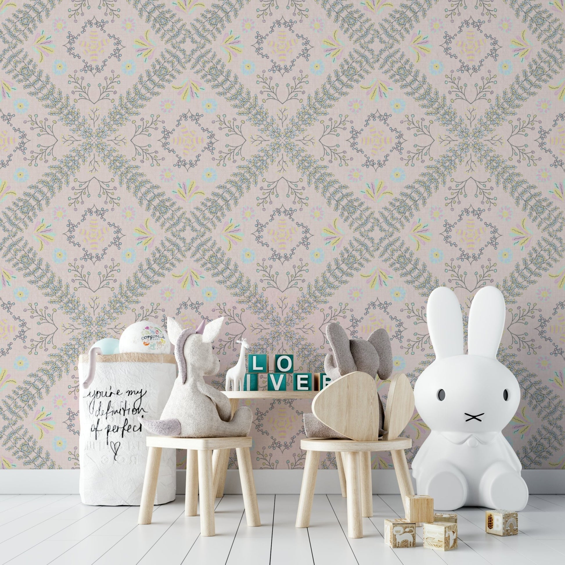 muted pastel blue, yellow, and sage green flowers

