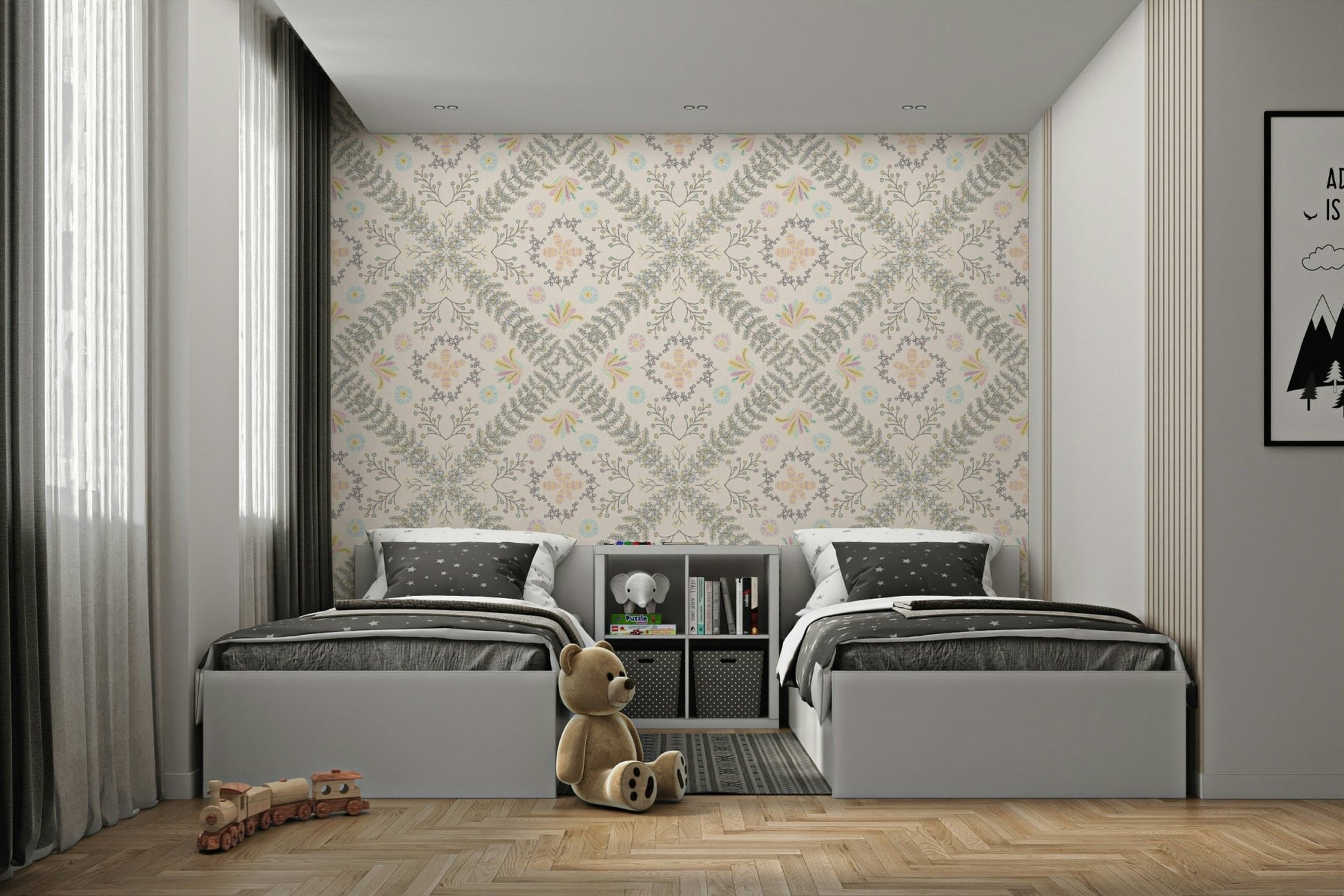 off-white wallpaper with a floral pattern

