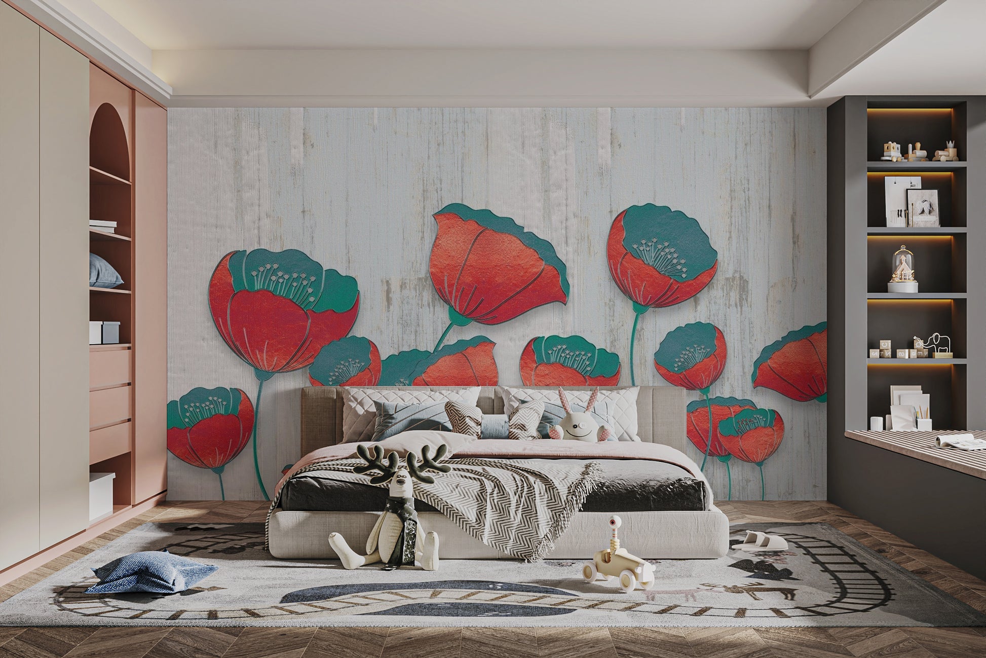 Textured 3D Red Floral Wall Mural
