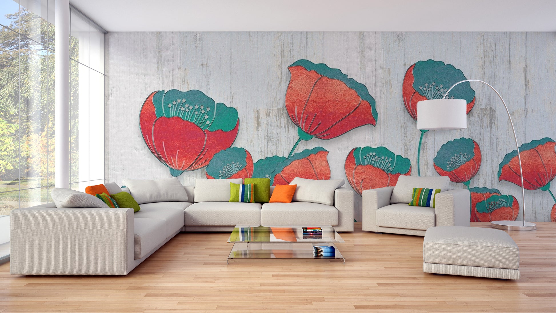 Vibrant 3D Red Floral Mural
