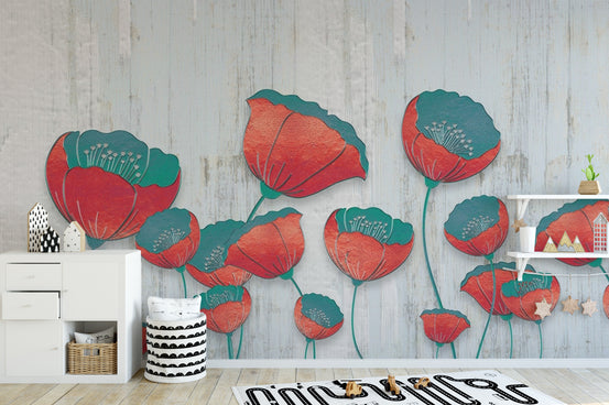 Blooming 3D Red Floral wallpaper mural shown as a full feature wall that highlights the design