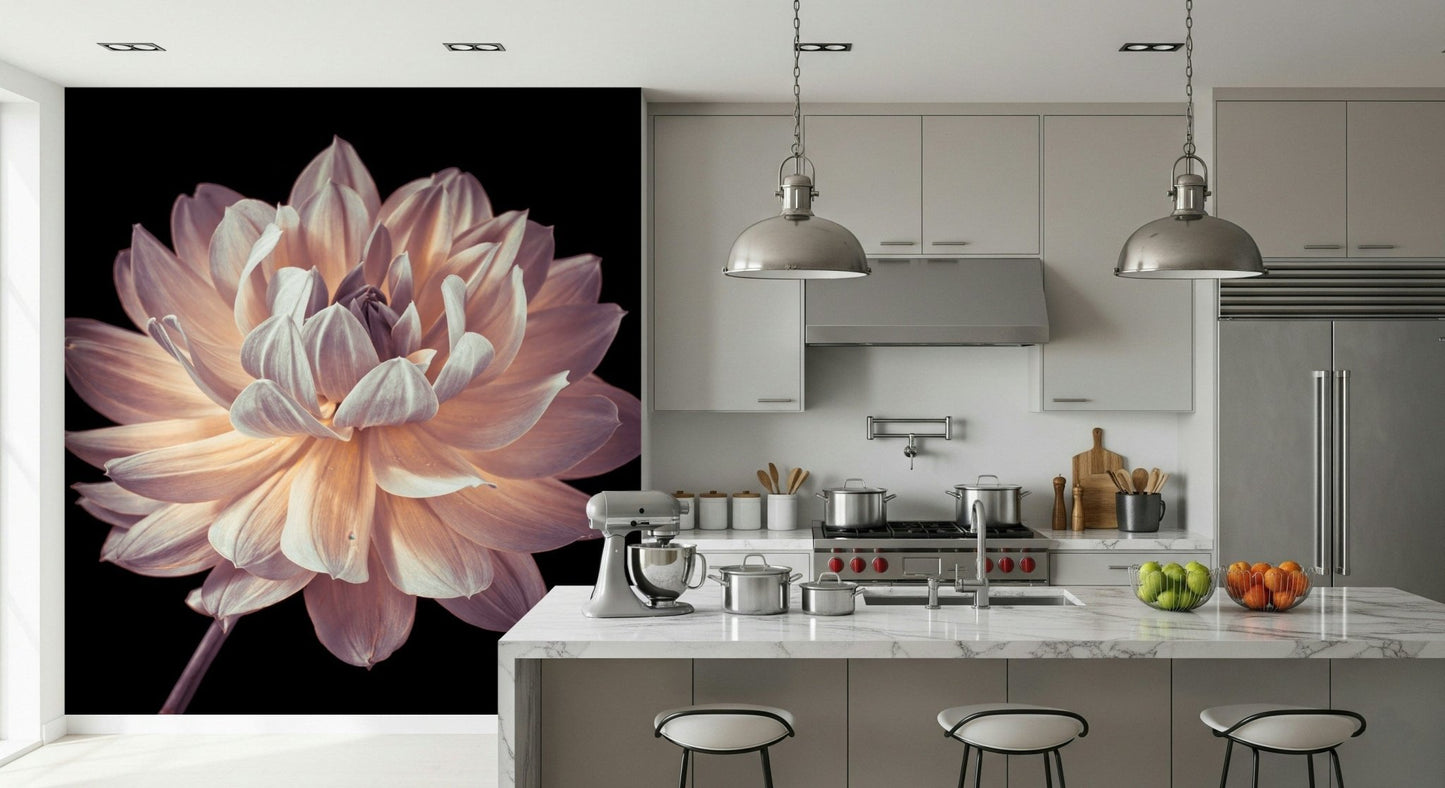 Wall mural capturing a detailed close-up of a dahlia in full bloom with swirling petal patterns.