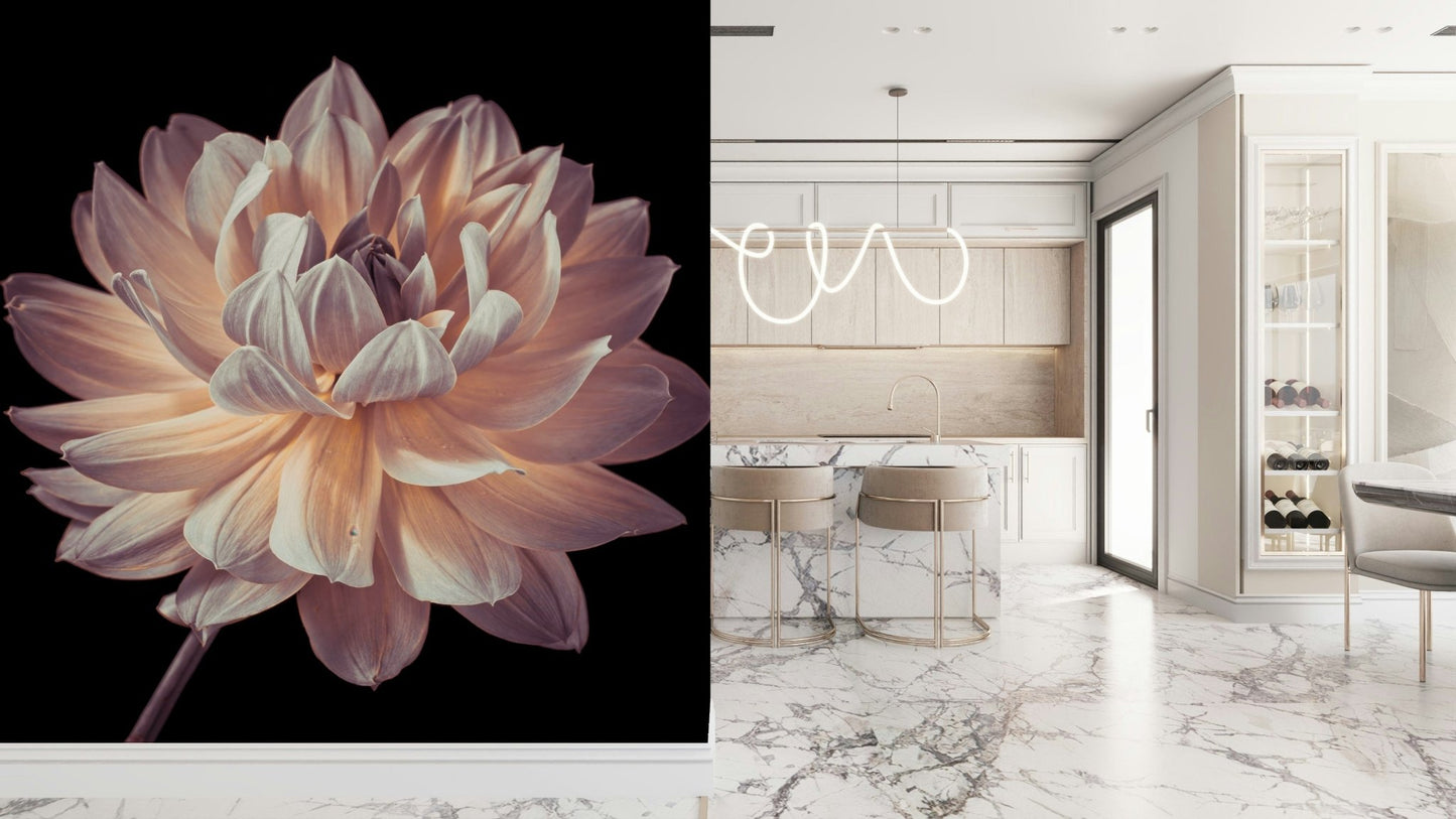 Elegant botanical mural highlighting the delicate curves of a blooming dahlia flower.