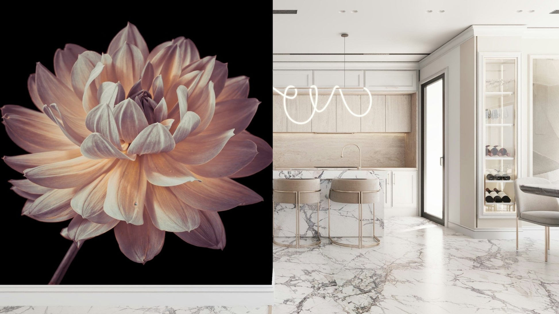 Elegant botanical mural highlighting the delicate curves of a blooming dahlia flower.