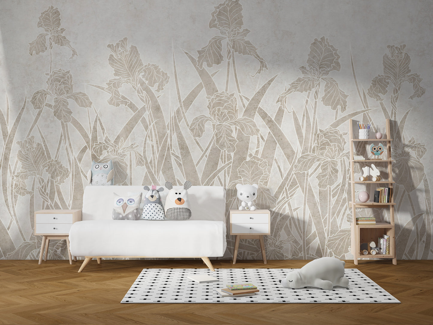 Blooming Flowers and Shrubs wallpaper mural styled along a hallway feature wall near a console in warm sepia tones