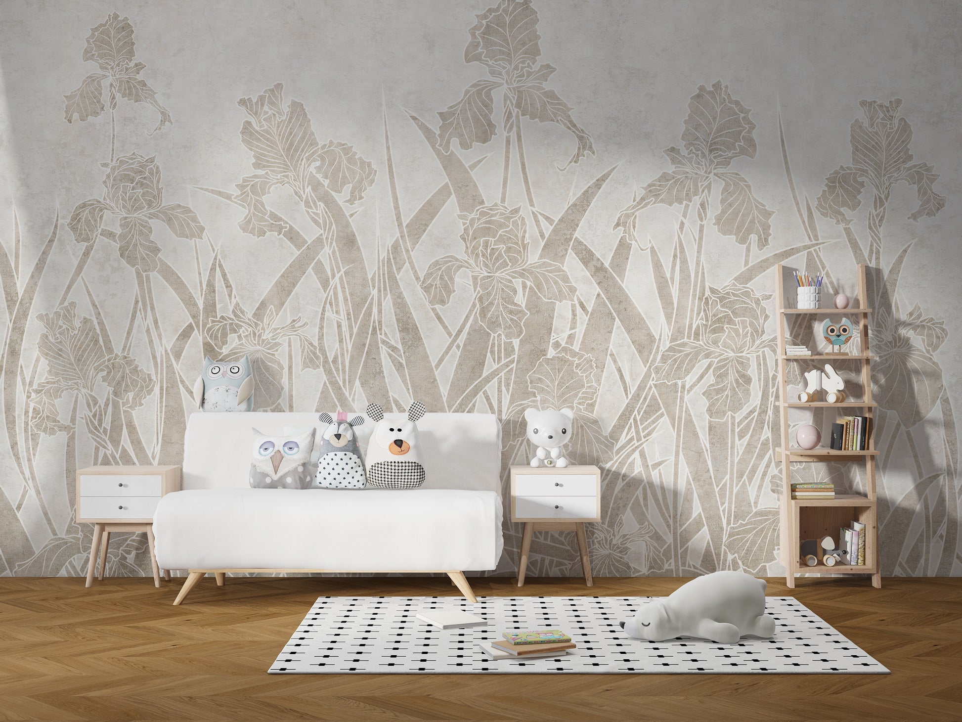 Blooming Flowers and Shrubs wallpaper mural styled along a hallway feature wall near a console in warm sepia tones