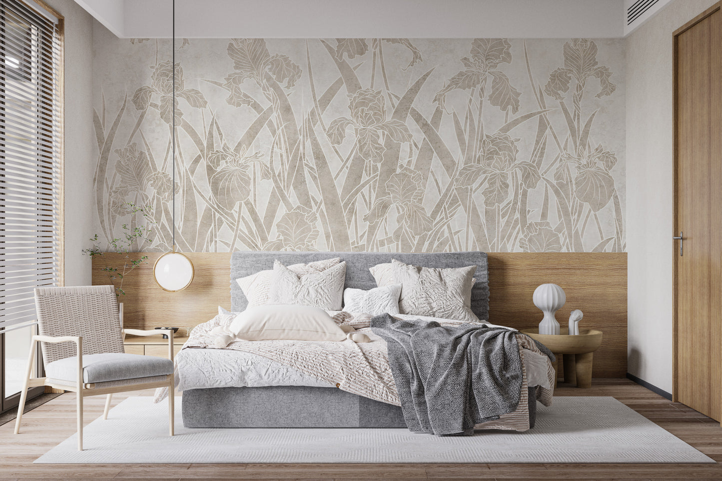 Blooming Flowers and Shrubs wallpaper mural as a feature wall in a home office workspace in warm sepia tones