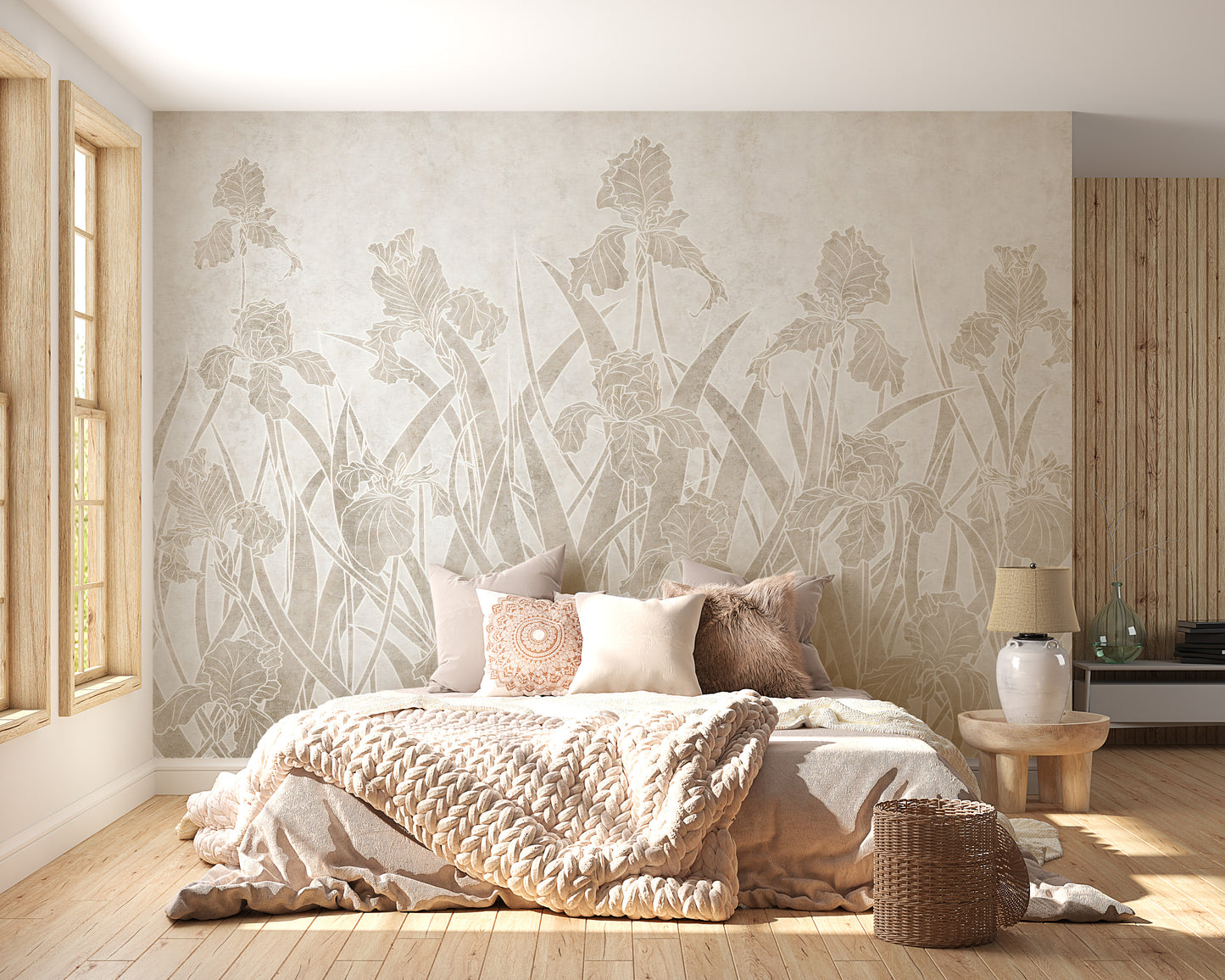 Blooming Flowers and Shrubs wallpaper mural styled as a feature wall behind a dining table and chairs in warm sepia tones