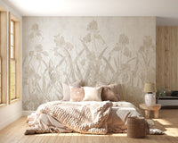 Blooming Flowers and Shrubs wallpaper mural styled as a feature wall behind a dining table and chairs in warm sepia tones