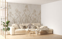 Blooming Flowers and Shrubs wallpaper mural as a bedroom feature wall behind the headboard in warm sepia tones