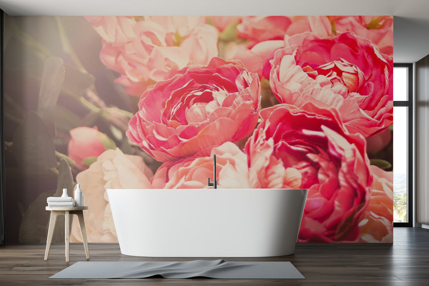 Romantic blooming pink flowers bathroom mural with a matte linen finish.
