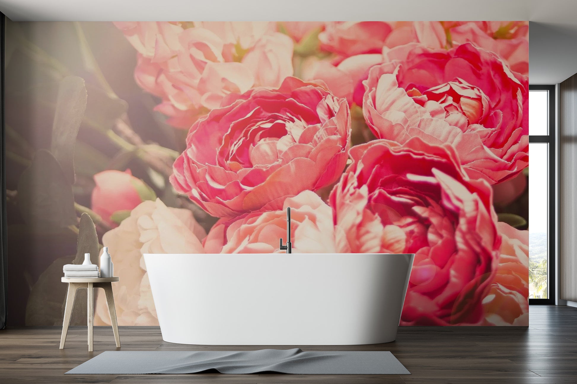 Romantic blooming pink flowers bathroom mural with a matte linen finish.