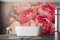 Romantic blooming pink flowers bathroom mural with a matte linen finish.