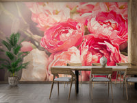 Detailed botanical Flowers diningway wall mural with large scale cherry blossoms.