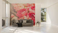 Elegant peony Flowers hallway wall mural featuring deep rose and blush tones.